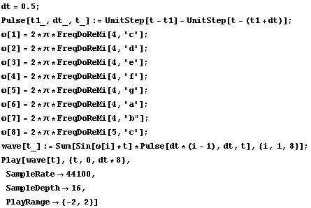 dt = 0.5 ; Pulse[t1_, dt_, t_] := UnitStep[t - t1] - UnitStep[t - (t1 + dt)] ; ω[1] = 2 * ... ave[t], {t, 0, dt * 8},  SampleRate -> 44100,  SampleDepth -> 16,  PlayRange -> {-2, 2}] 