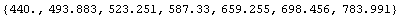 {440.`, 493.8833012561241`, 523.2511306011972`, 587.329535834815`, 659.2551138257397`, 698.4564628660077`, 783.9908719634988`}